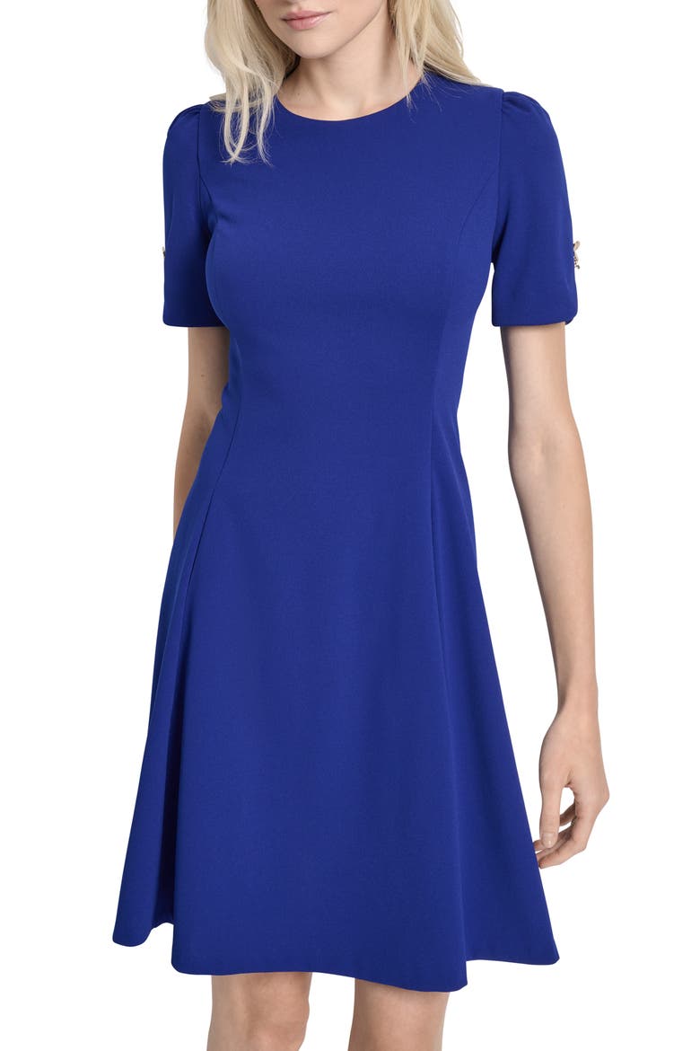Button Trim Fit & Flare Midi Dress, Alternate, color, MARINE