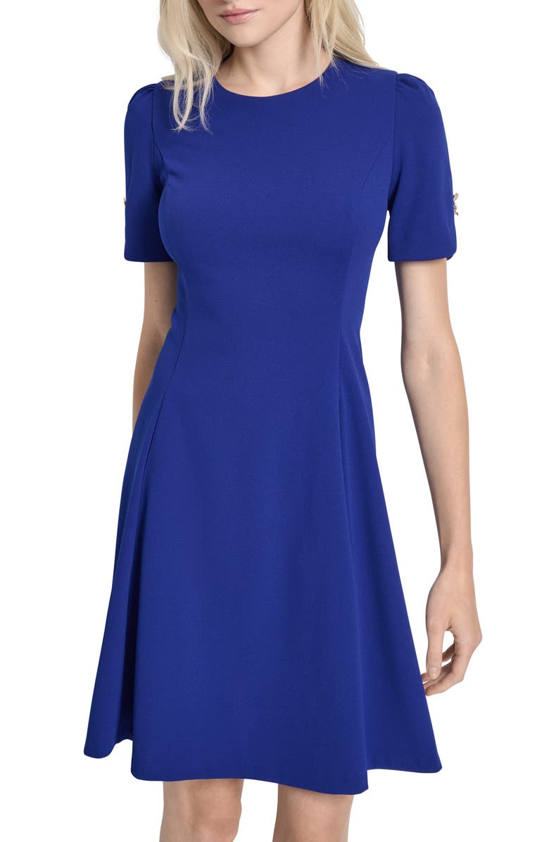 DKNY Button Trim Fit & Flare Midi Dress, Alternate, color, Marine