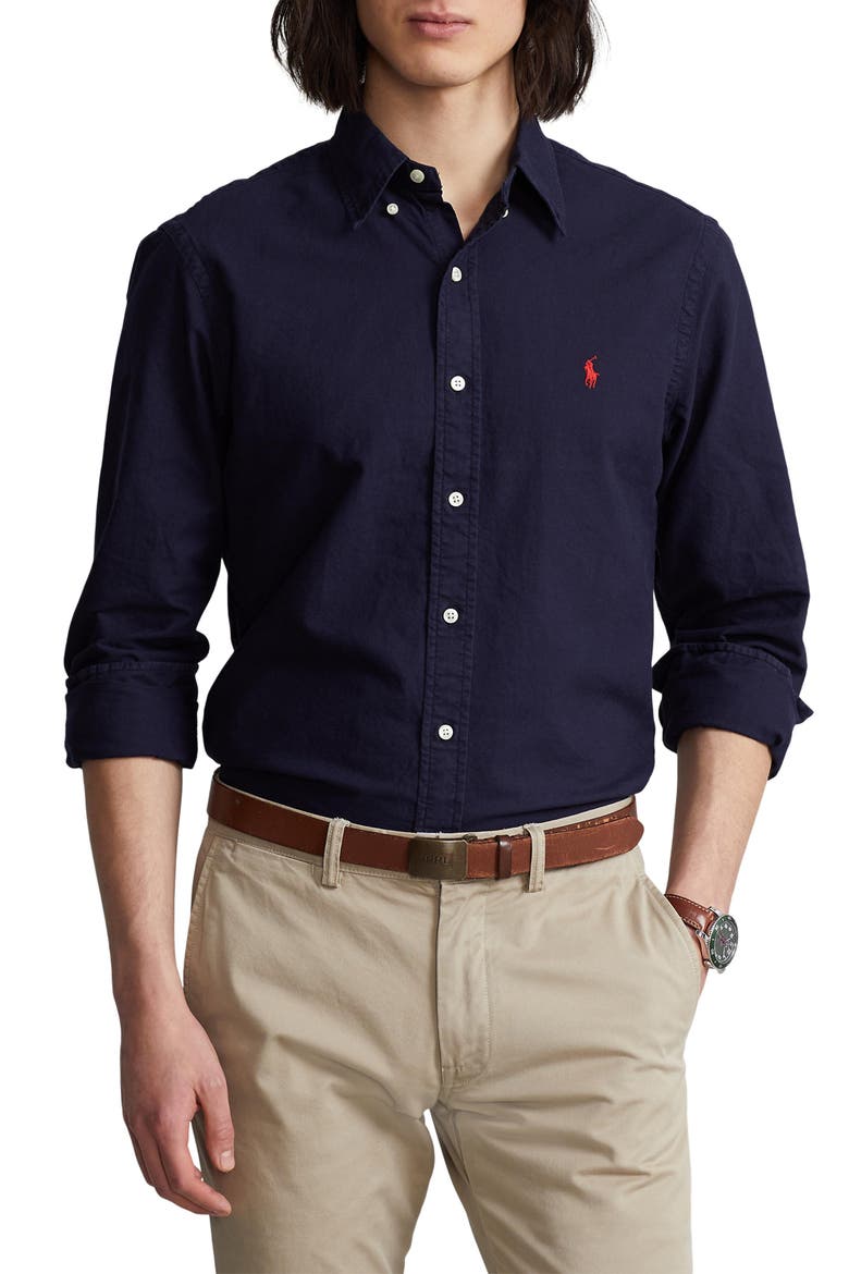 Classic Fit Garment Dyed Cotton Button-Up Shirt, Main, color, RL NAVY