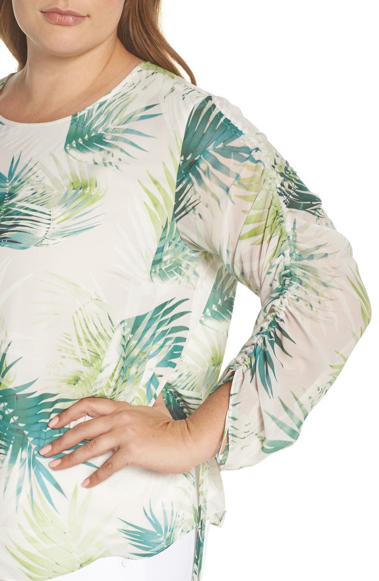 Vince Camuto Drawstring Sleeve Sunlit Palm Print Top, Alternate, color,