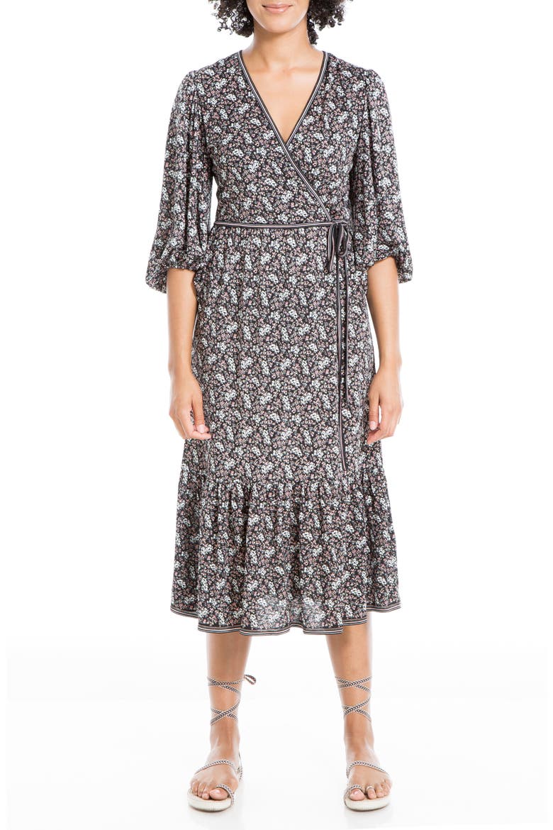 Textured Jersey Short Sleeve Wrap Midi Dress, Main, color, BLACK/ BLUSH MAGNOLIA CLUSTER