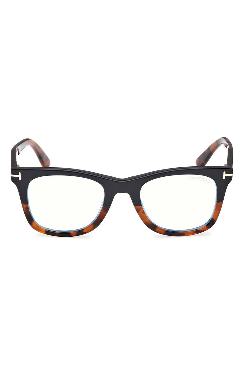 TOM FORD 50mm Square Blue Light Blocking Optical Glasses, Main, color, Black / Havana / T Logo