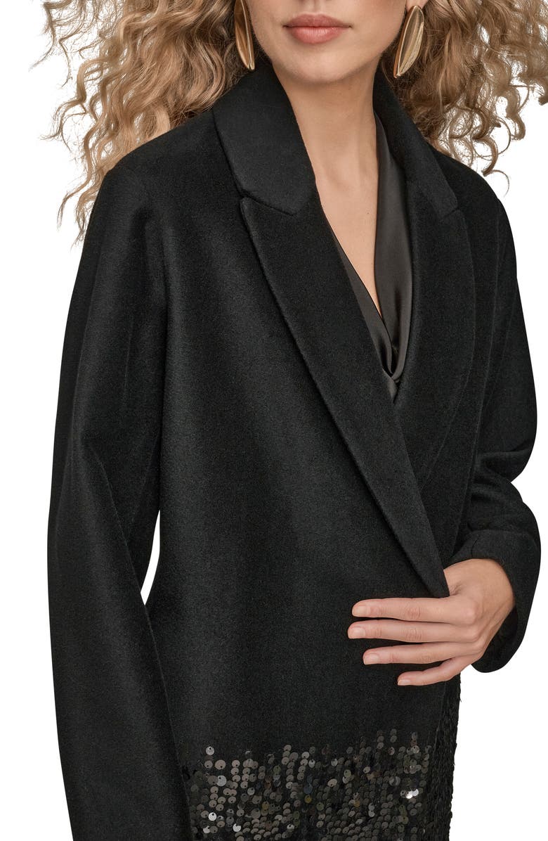 Donna Karan New York Sequin Wool Blend Longline Coat, Alternate, color, Black