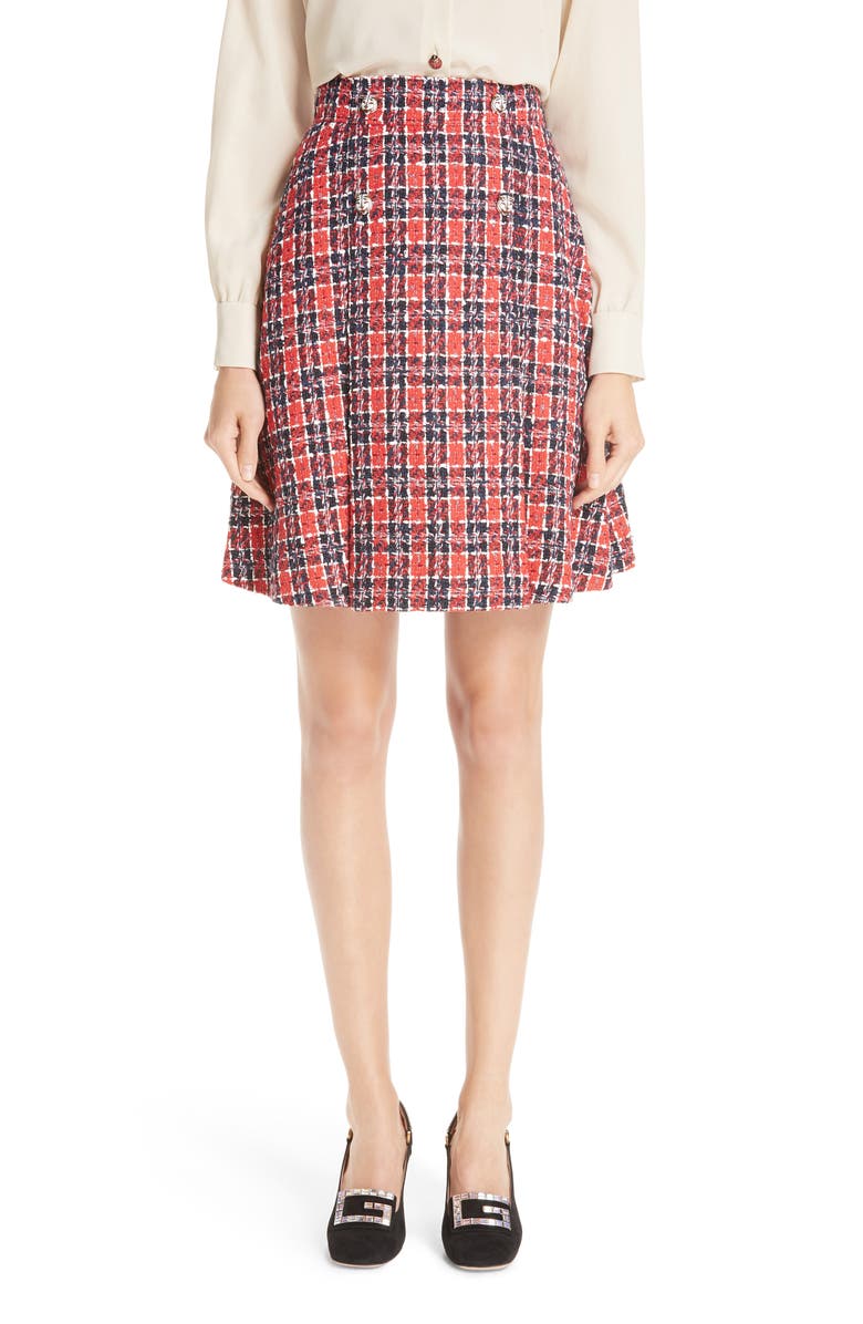 Gucci Tiger Button Tweed A-Line Skirt, Main, color, 