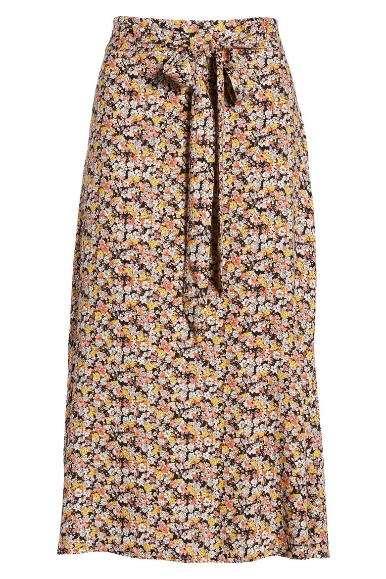 Tie Waist Floral Print Midi Skirt, Alternate, color, BLACK DITSY FLORAL