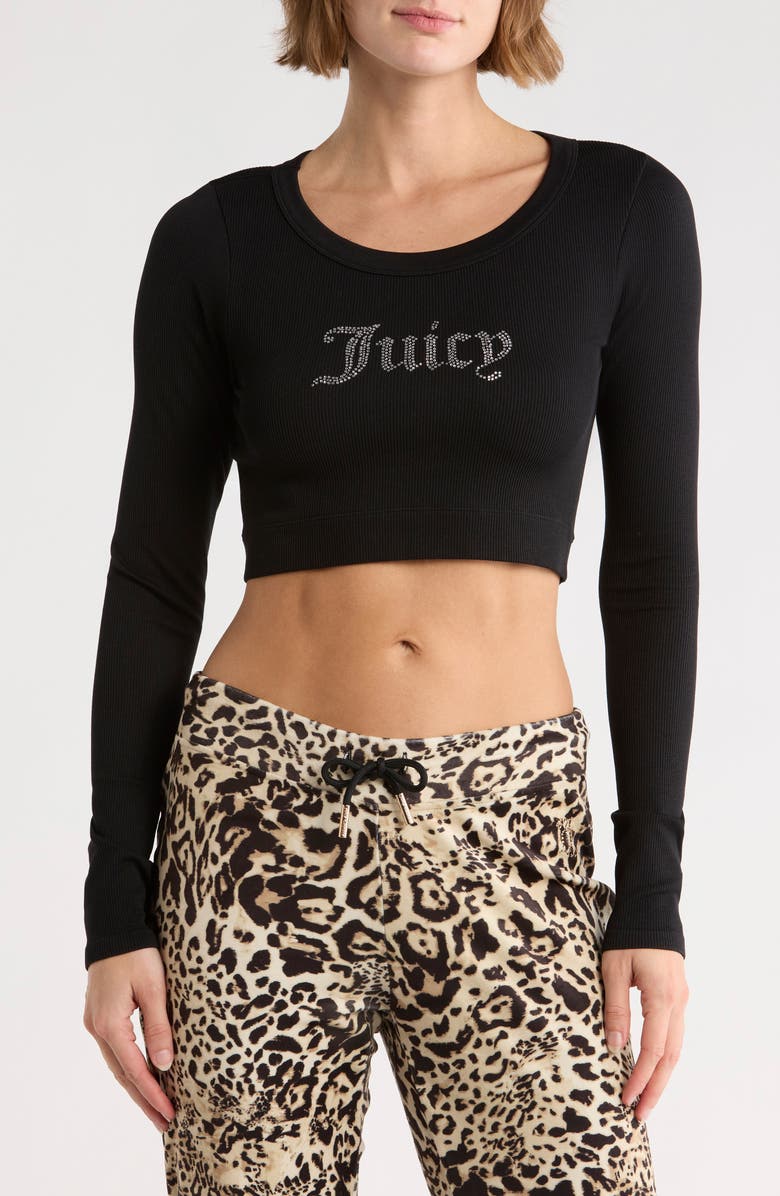 Juicy Couture Rhinestone Embellished Logo Long Sleeve Crop T-Shirt, Main, color, Liquorice