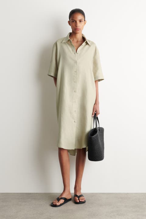 Short-Sleeved Linen Shirt Dress