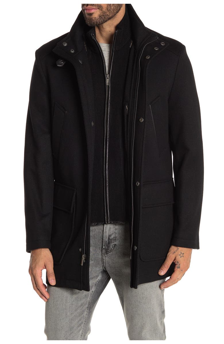 Cole Haan Wool Blend Leather Trim Rib Knit Inset Coat, Main, color, 