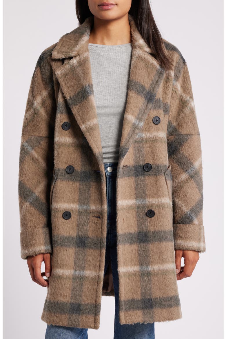 Plaid Double Breasted Coat, Alternate, color, LT BROWN PLAID