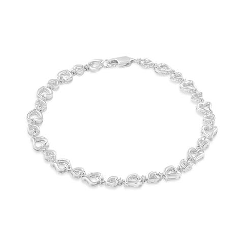 Silver Prong Set Diamond Accent Alternating Heart Link Bracelet