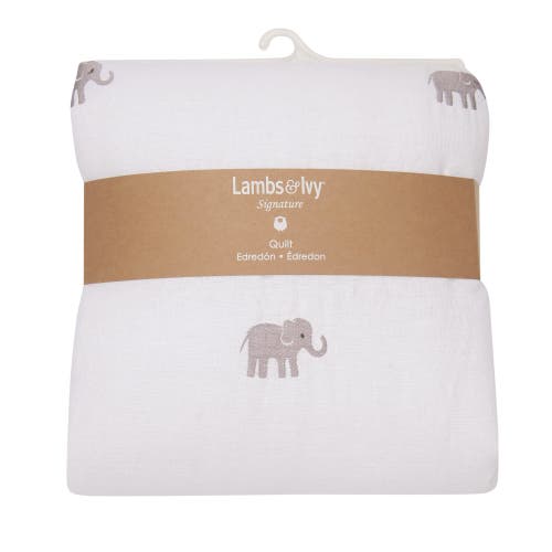 Lambs & Ivy Signature Elephant Creamy Linen Embroidered Baby Crib Quilt In Brown