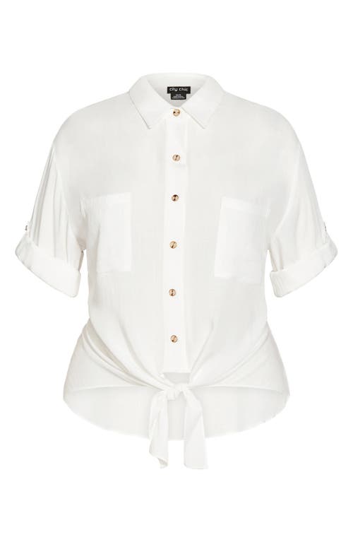 City Chic Tropical Tie Hem Button-up Shirt In White