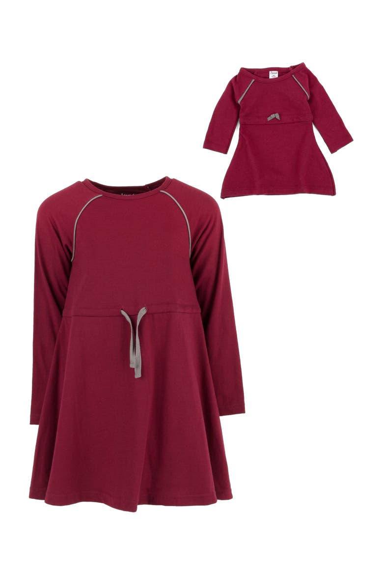 Girls Bow Tie Dress with Matching Doll Dress, Alternate, color, MAROON
