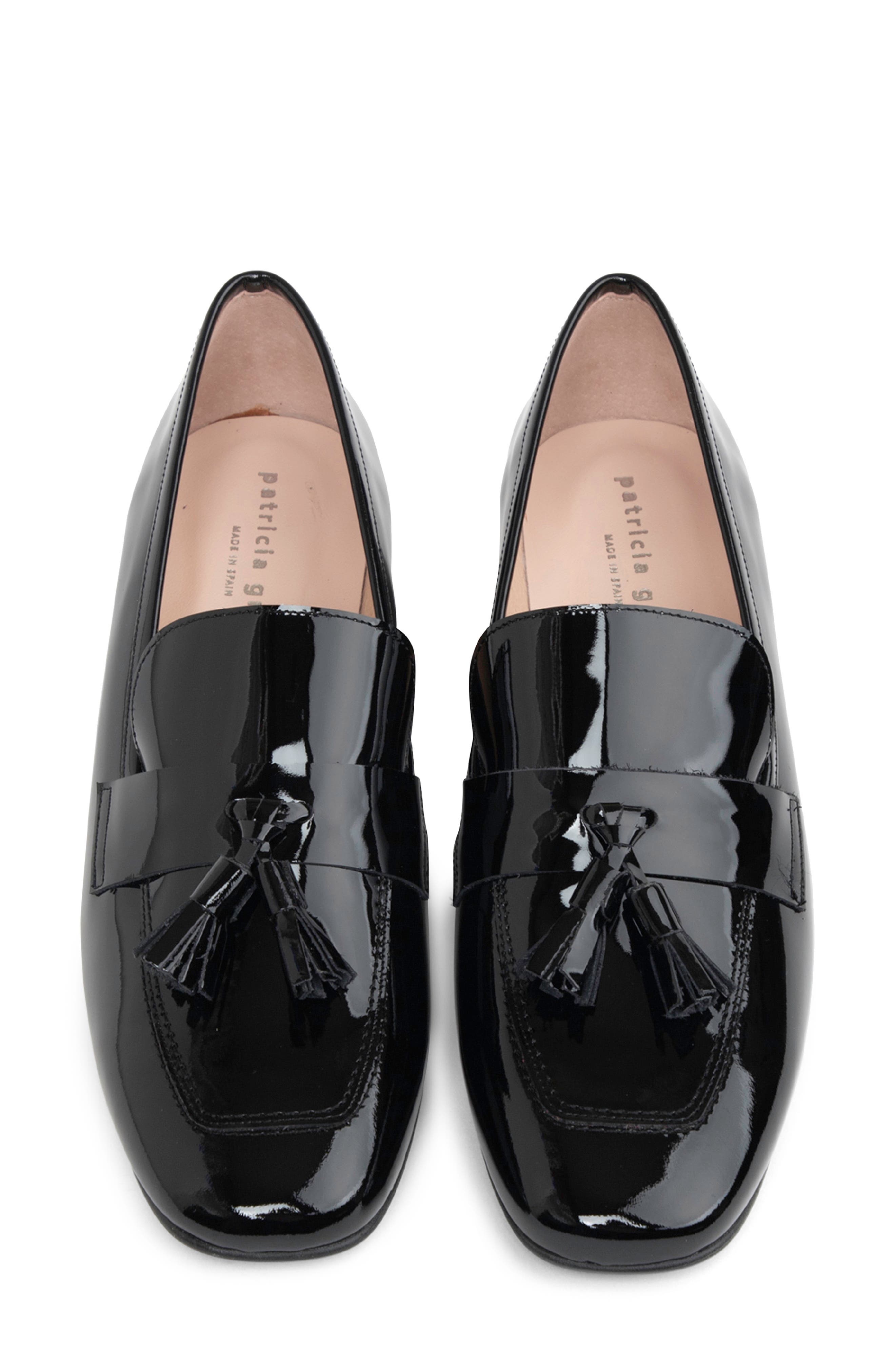 patricia green Beckham Block Heel Tassel Loafer, Alternate, color, Black Patent
