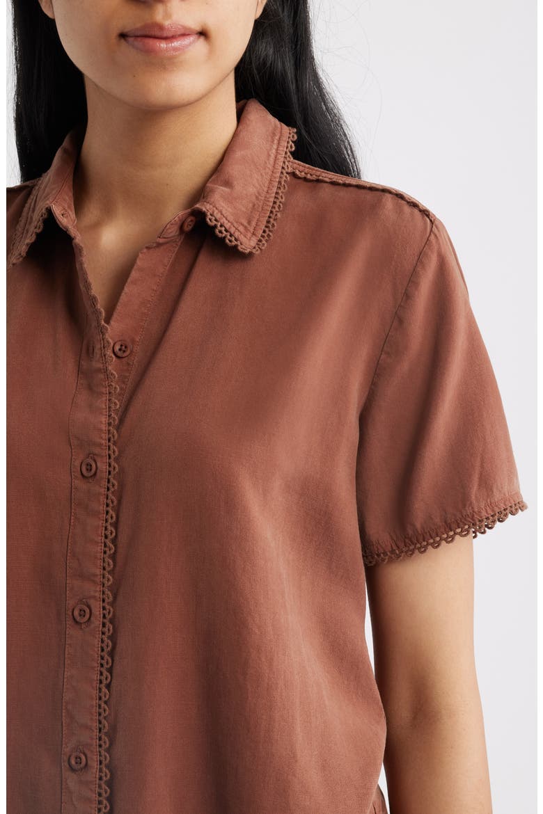 Picot Trim Short Sleeve Button-Up Shirt, Alternate, color, SUNRISE MOCHA