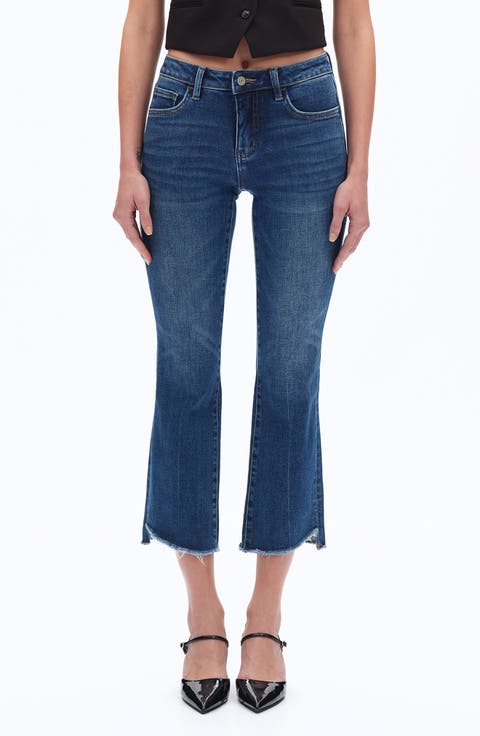 Frayed Step Hem Mid Rise Ankle Bootcut Jeans
