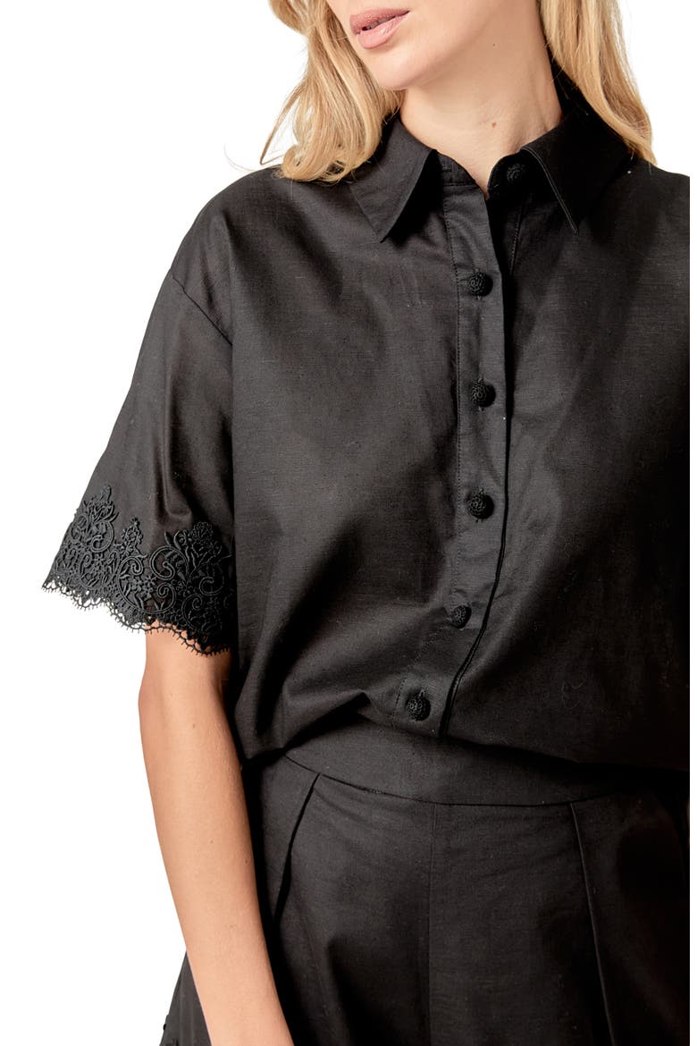 Embroidered Lace Linen Blend Shirt, Alternate, color, BLACK