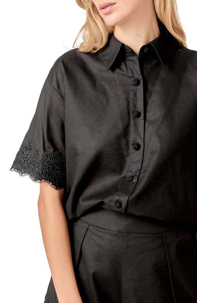 English Factory Embroidered Lace Linen Blend Shirt, Alternate, color, Black