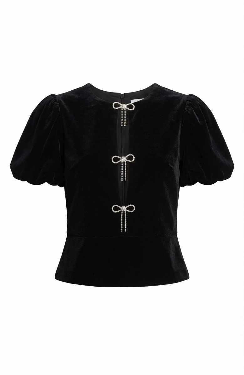Modenaire Velvet Puff Sleeve Keyhole Top, Alternate, color, Black