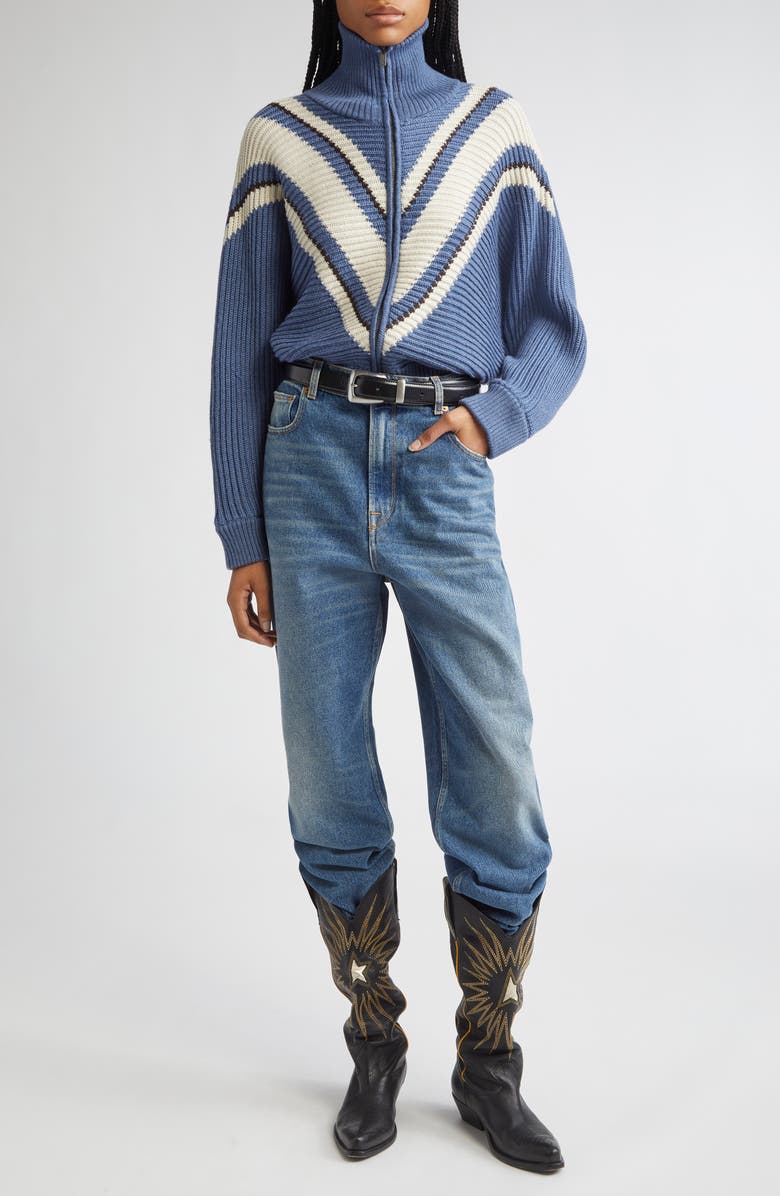 Golden Goose Journey Odilia Chevron Stripe Virgin Wool Zip Cardigan, Alternate, color, Dutch Blue/ Natural White