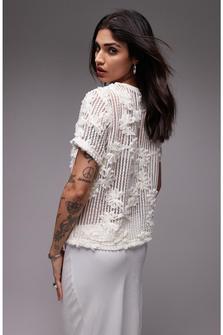 Floral Appliqué Sheer Open Stitch T-Shirt, Alternate, color, IVORY