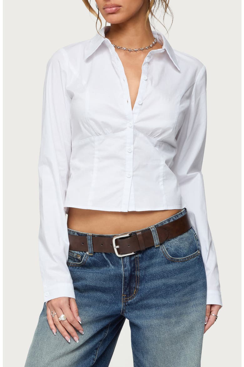 Laurna Crop Stretch Cotton Poplin Button-Up Shirt, Main, color, WHITE