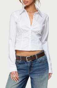 EDIKTED Laurna Crop Stretch Cotton Poplin Button-Up Shirt