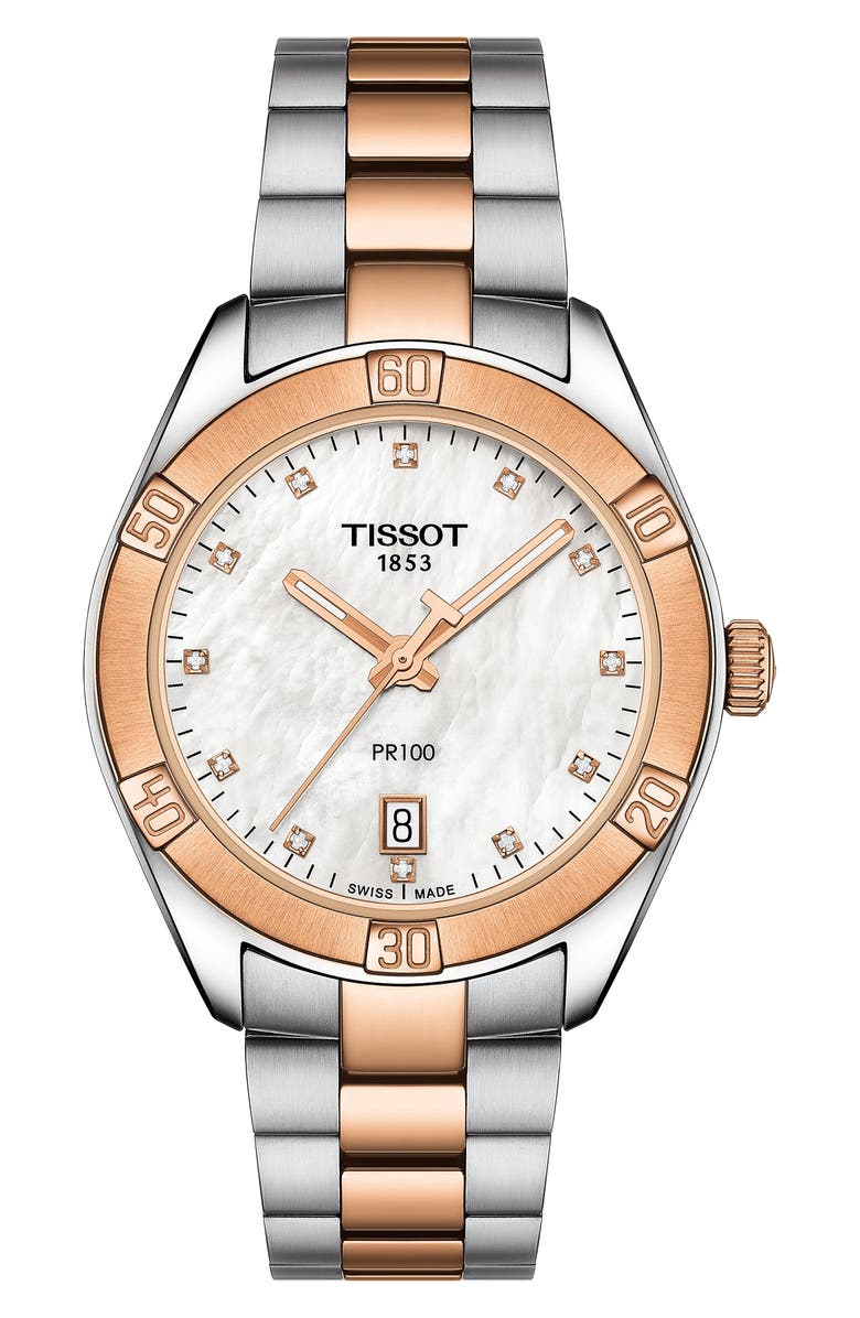 Tissot T-Classic PR 100 Bracelet Watch, Main, color, Silver/ Mop/ Rose Gold