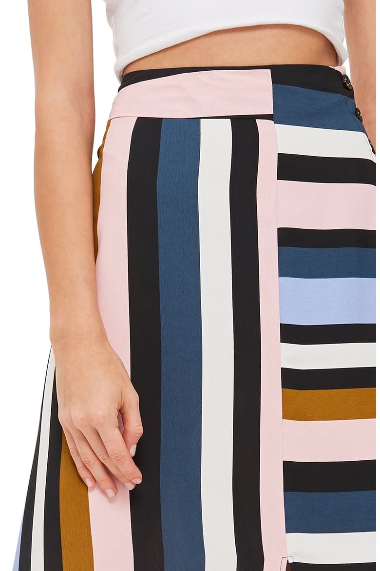 Multi Stripe Asymmetric Midi Skirt, Alternate, color, BLACK MULTI