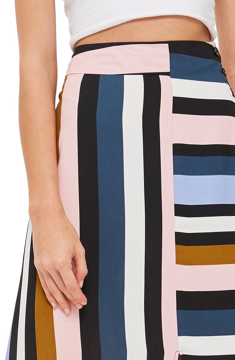 Topshop Multi Stripe Asymmetric Midi Skirt, Alternate, color, 