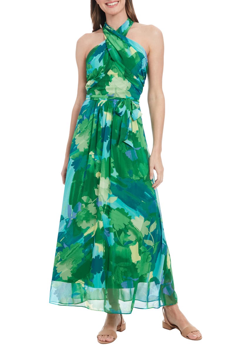 London Times Crossover Halter Neck Chiffon Maxi Dress, Main, color, Green/ Teal
