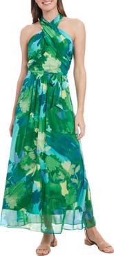 London Times Crossover Halter Neck Chiffon Maxi Dress