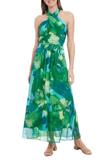 London Times Crossover Halter Neck Chiffon Maxi Dress