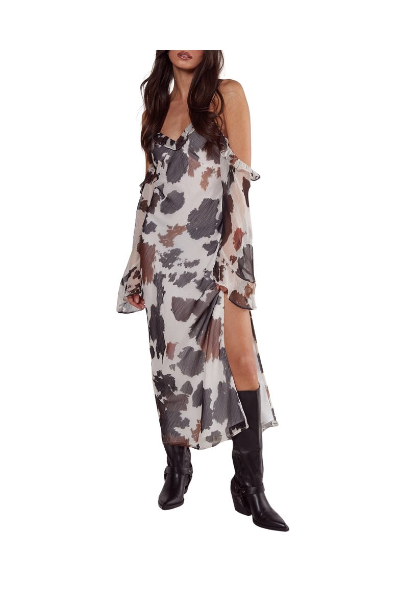 Cold Shoulder Bias Cut Split Maxi Dress, Alternate, color, Brown