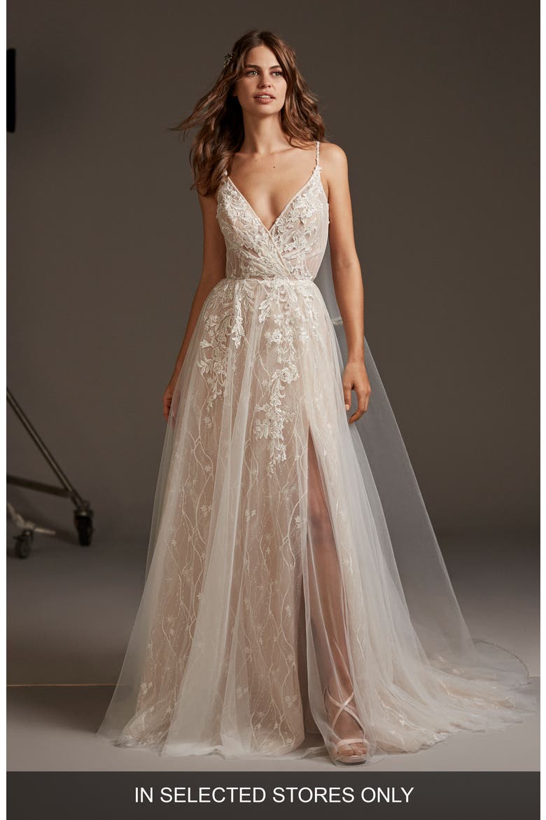 Hyperion Embellished Tulle A-Line Wedding Dress, Main, color, OFF WHITE/BLUSH