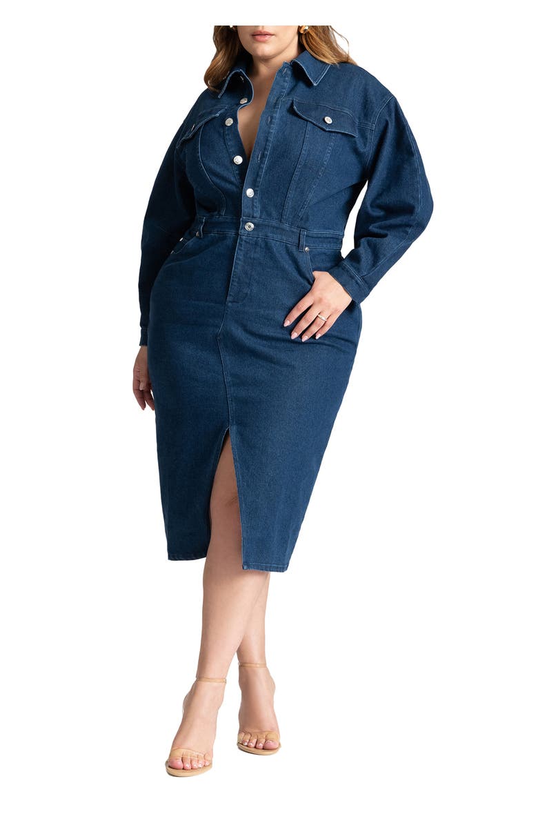 ELOQUII Oversized Denim Midi Dress, Main, color, Medium Wash