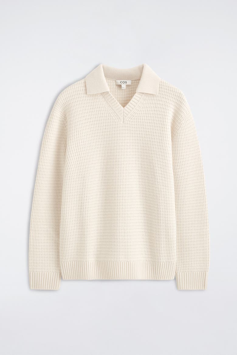 Waffle-Knit Wool Polo Sweater, Alternate, color, CREAM