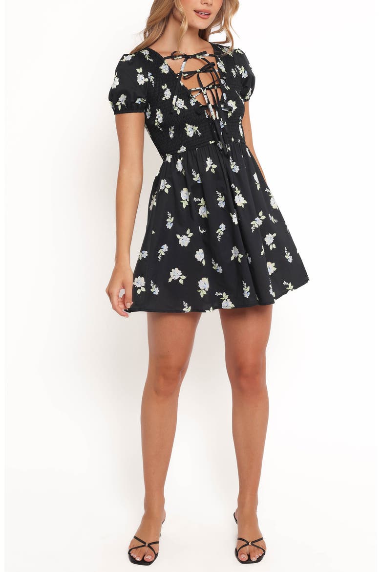 Winny Smocked Tie Front Minidress, Main, color, NAVY FLORAL