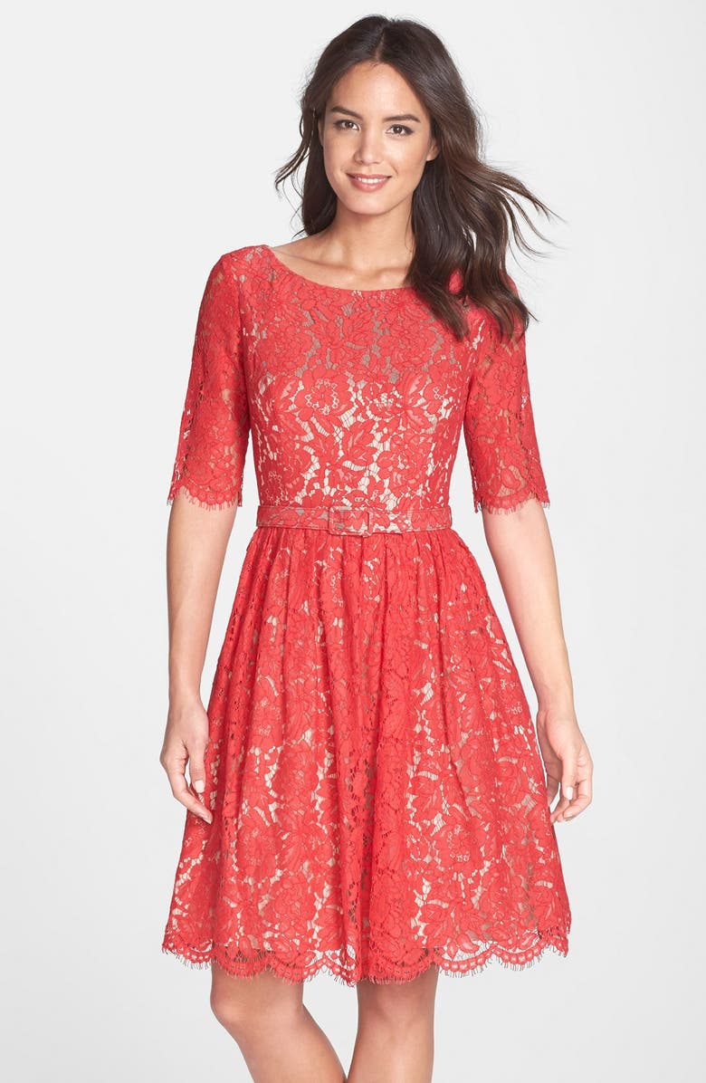 Eliza J Belted Lace Fit & Flare Dress, Main, color, 