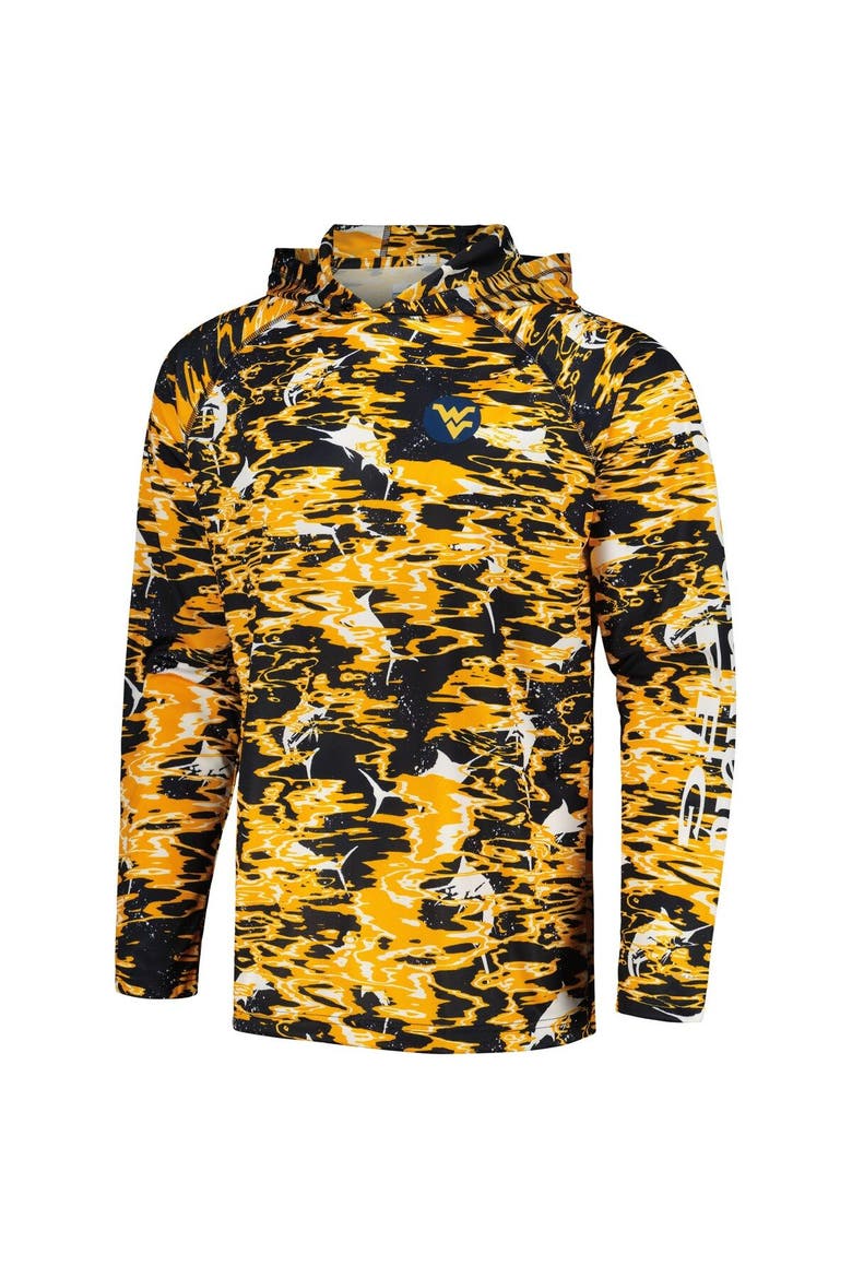 Men's Columbia Navy West Virginia Mountaineers PFG Terminal Tackle Omni-Shade Rippled Long Sleeve Hooded T-Shirt, Alternate, color, Navy