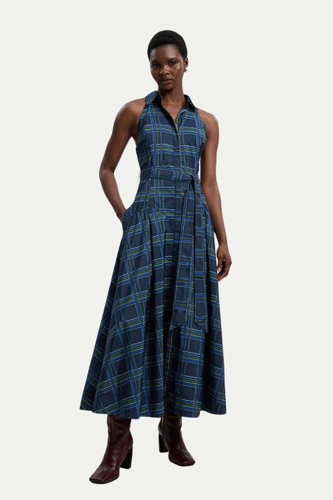 Check Taffeta Belted Maxi Shirt Dress