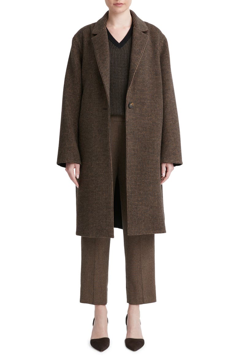 Houndstooth Check Recycled Wool Blend Coat, Main, color, BLACK/ CAMEL