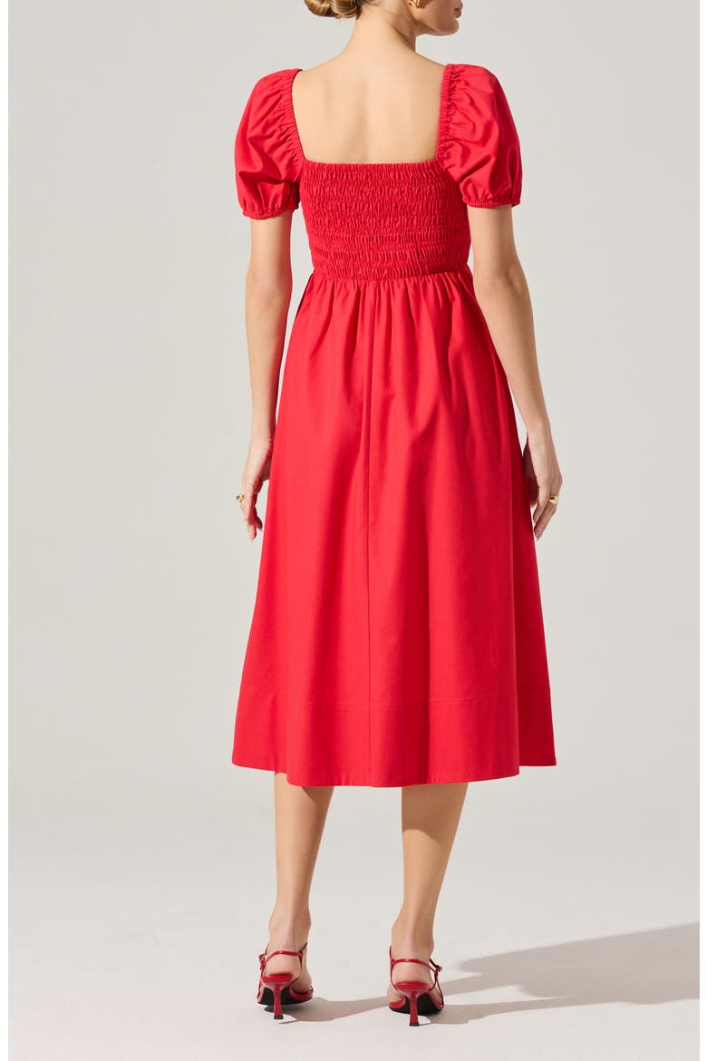 Bow Detail Smock Bodice Cotton Blend Dress, Alternate, color, RED