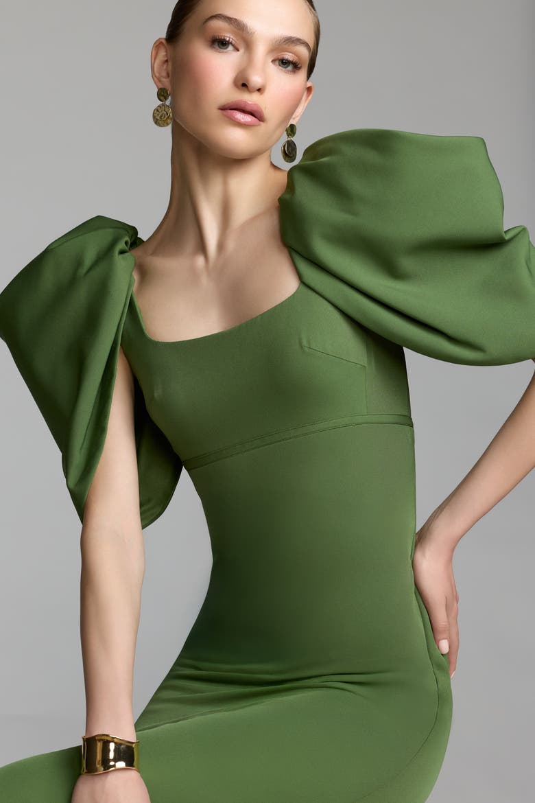 Crepe Square Neck Gown With Puff Sleeves, Alternate, color, Moss Green