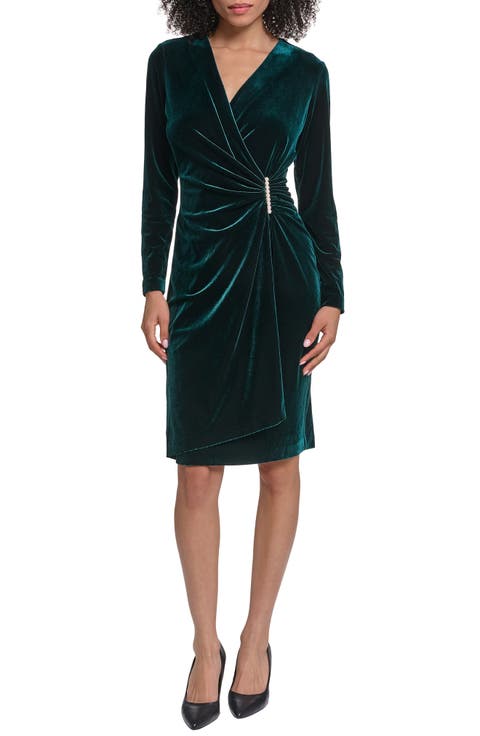 Faux Pearl Detail Long Sleeve Stretch Velvet Faux Wrap Dress