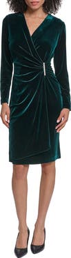 KARL LAGERFELD PARIS Faux Pearl Detail Long Sleeve Stretch Velvet Faux Wrap Dress