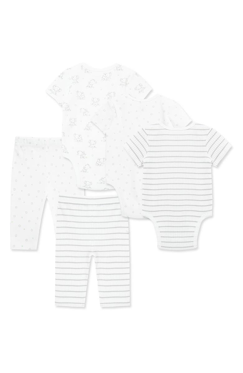 Little Me 5-Piece Elephant Theme Organic Cotton Bodysuit & Pants Set, Alternate, color, White