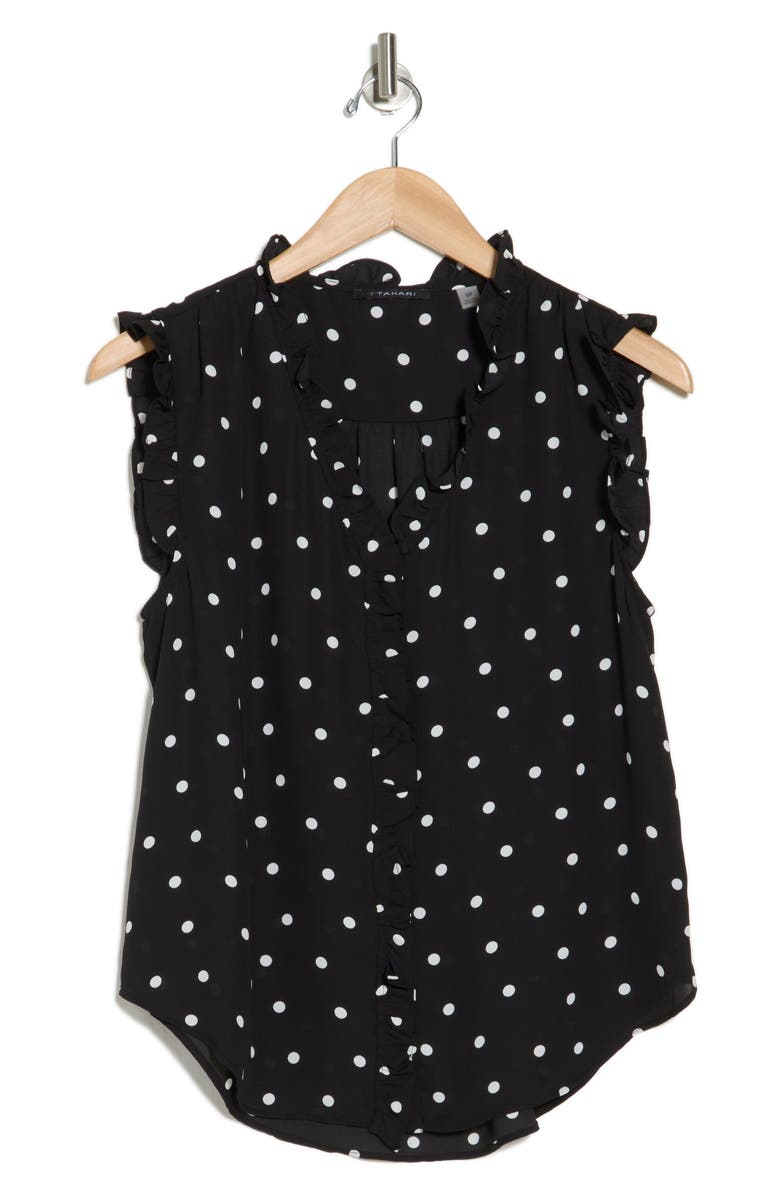 T Tahari Ruffle Sleeveless Top, Alternate, color, Black/ White Dot