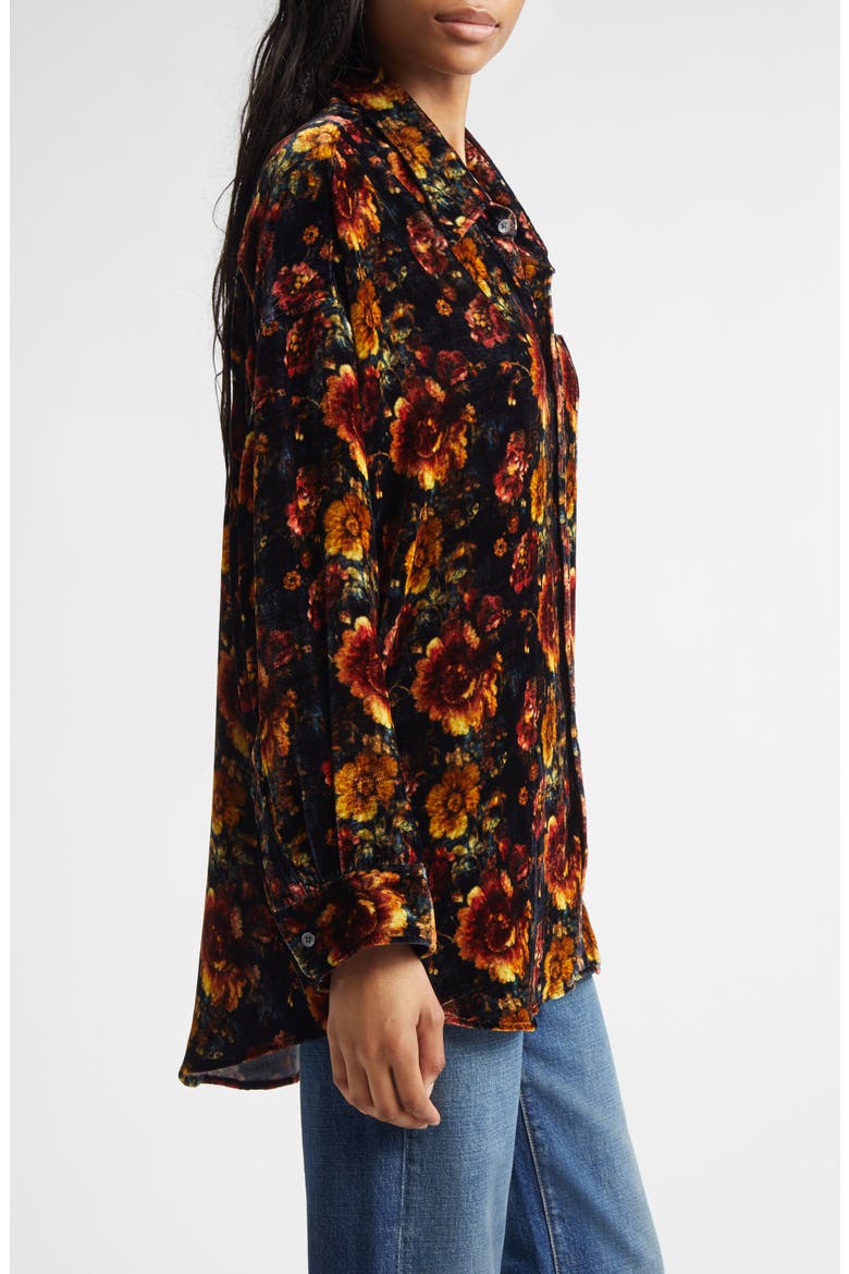Oversize Floral Drop Neck Velvet Button-Up Shirt, Alternate, color, ORANGE MULTI FLORAL