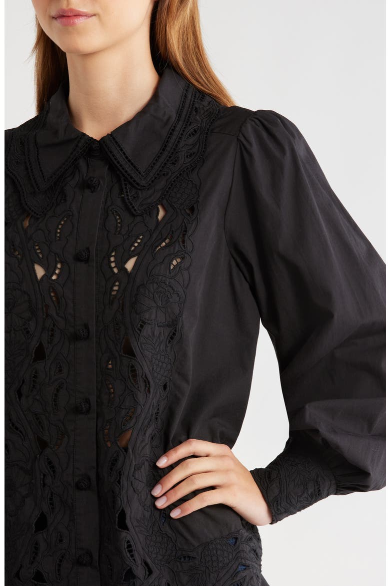 Embroidered Eyelet Puff Sleeve Button-Up Shirt, Alternate, color, BLACK
